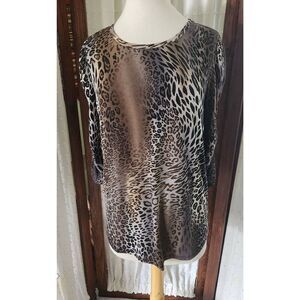 F82 Toni Morgon brown & black leopard print stretchy knit top 3/4 ruched sleeves